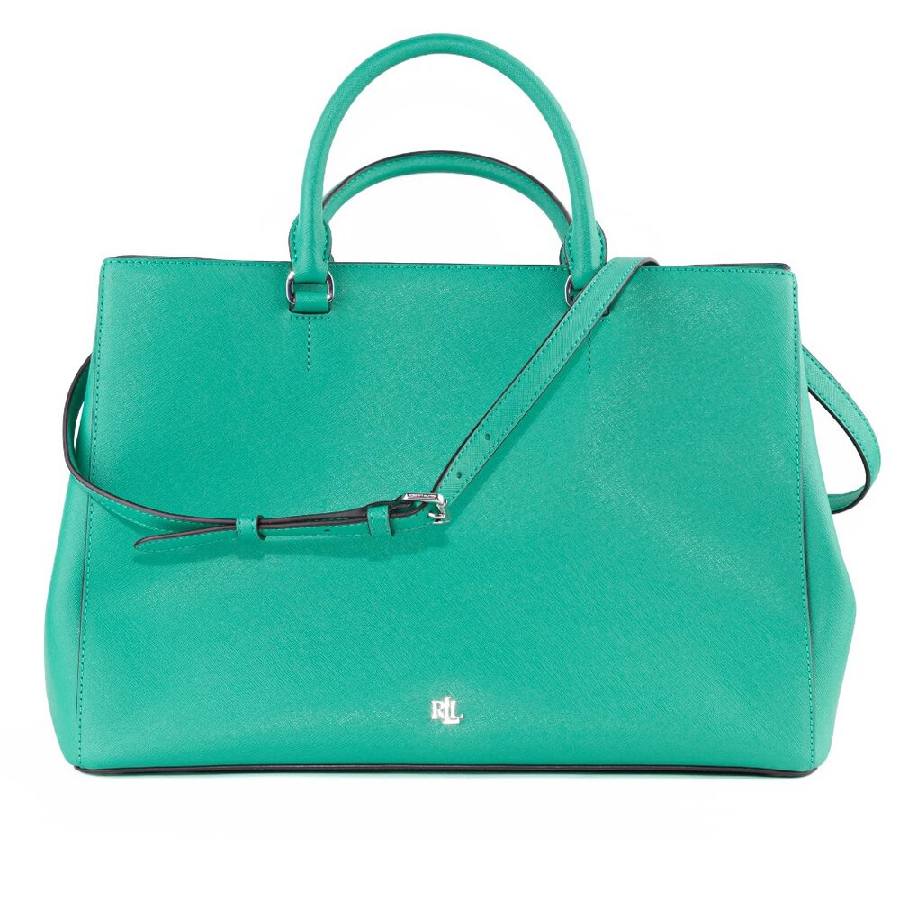 NWOT Lauren Ralph Lauren Large Hanna Satchel Crosshatch Leather Emerald Green